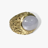 14k Yellow Gold Cabochon Cut White Imperial Jade Vintage Cocktail Ring Side View