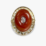 14k Yellow Gold Donut-Shaped Brown Jade and Diamond Vintage Ring