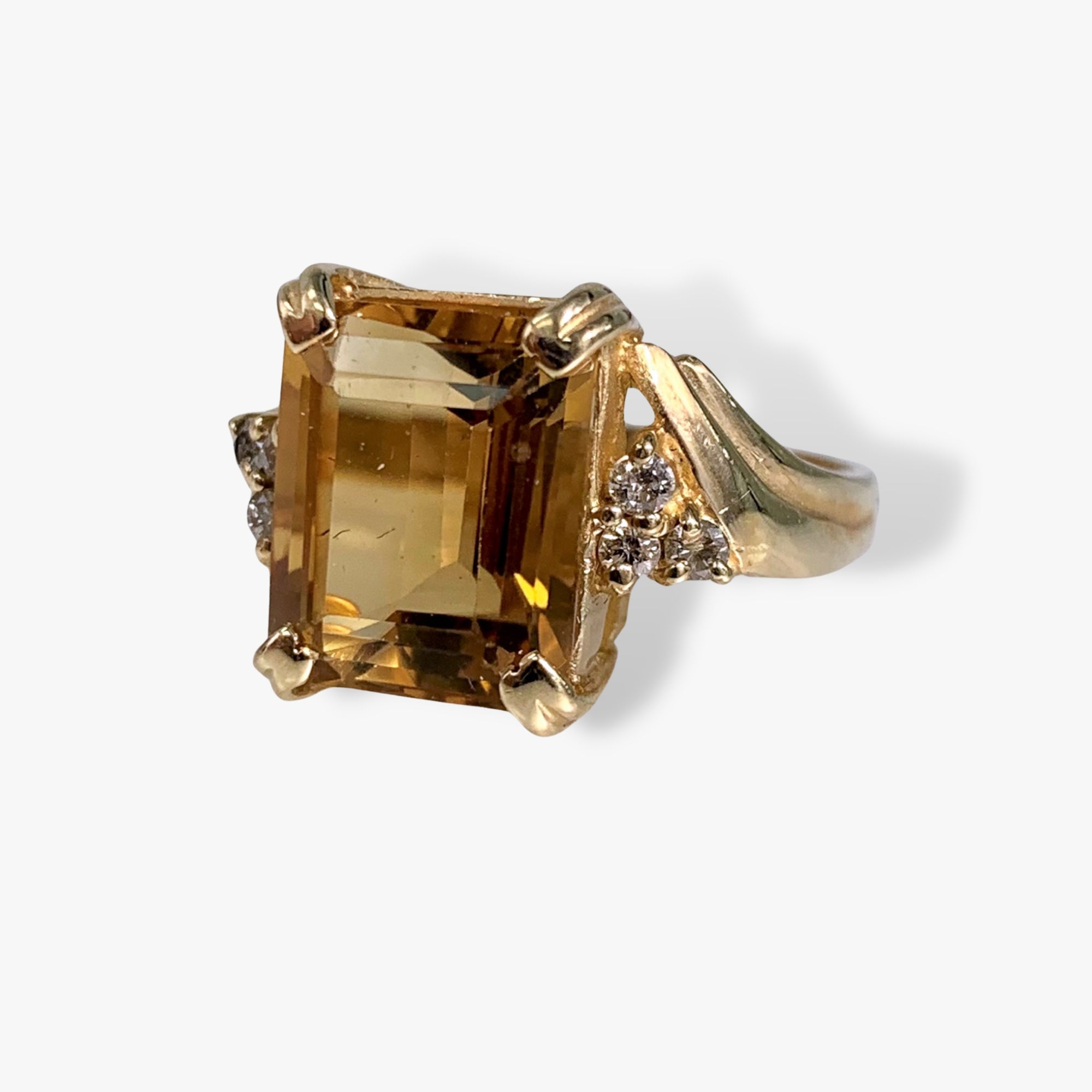 14k Yellow Gold Emerald Cut Citrine and Diamond Vintage Ring Side View