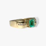 14k Yellow Gold Emerald Cut Emerald and Diamond Vintage Ring Side View