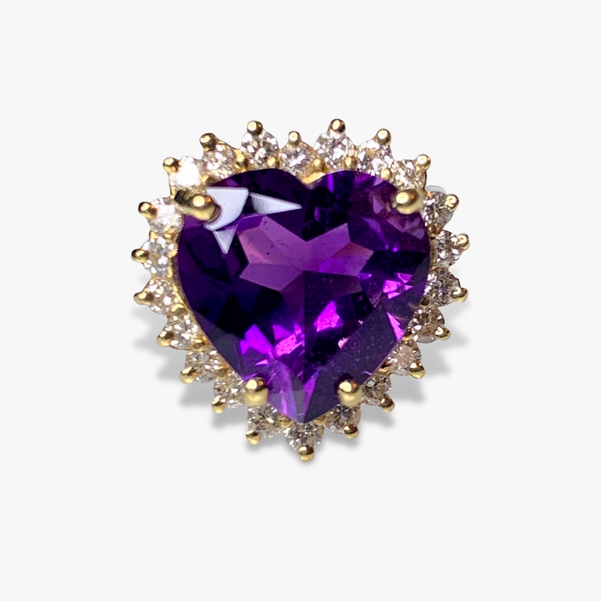 14k Yellow Gold Heart-Shaped Amethyst Diamond Halo Vintage Cocktail Ring