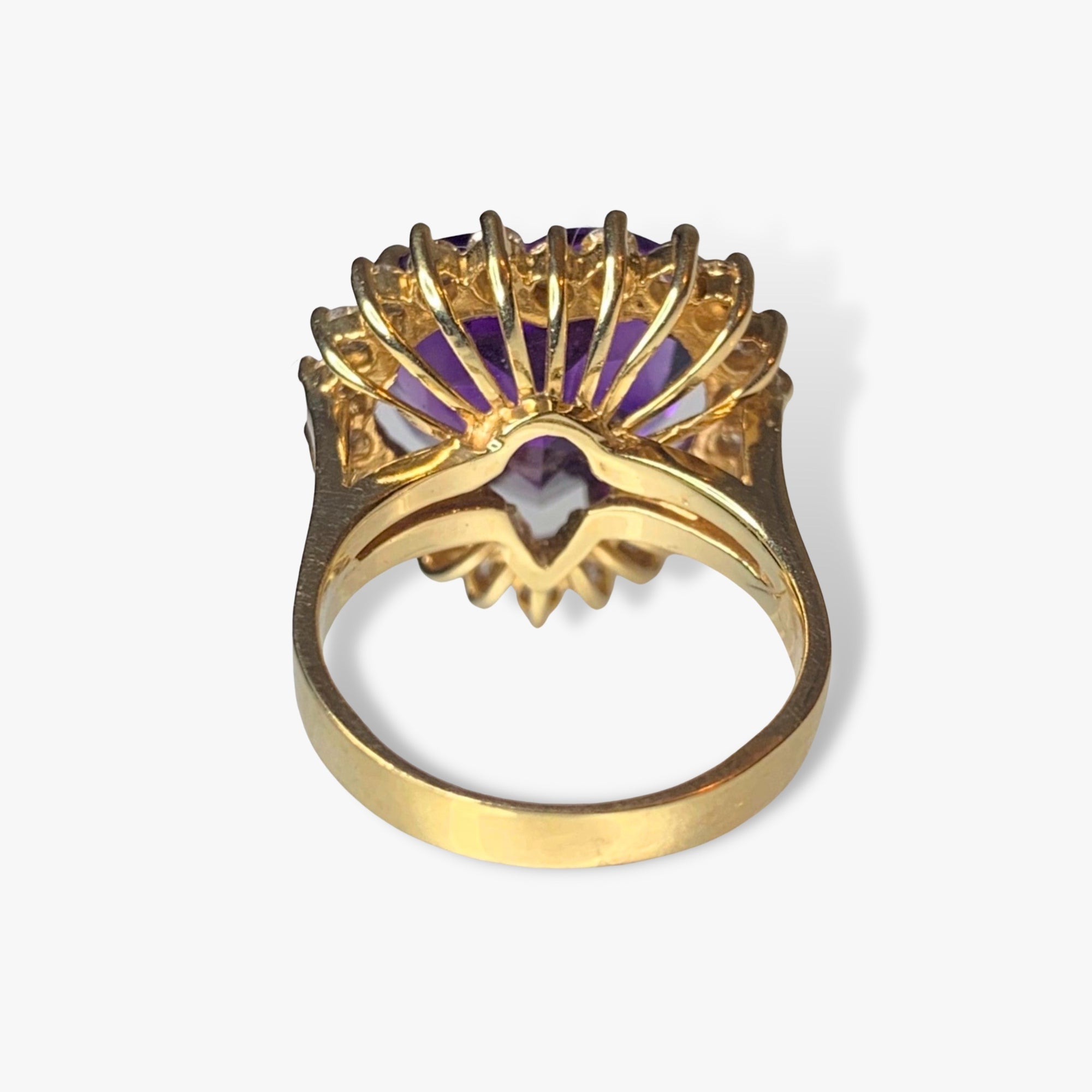 14k Yellow Gold Heart-Shaped Amethyst Diamond Halo Vintage Cocktail Ring Back View