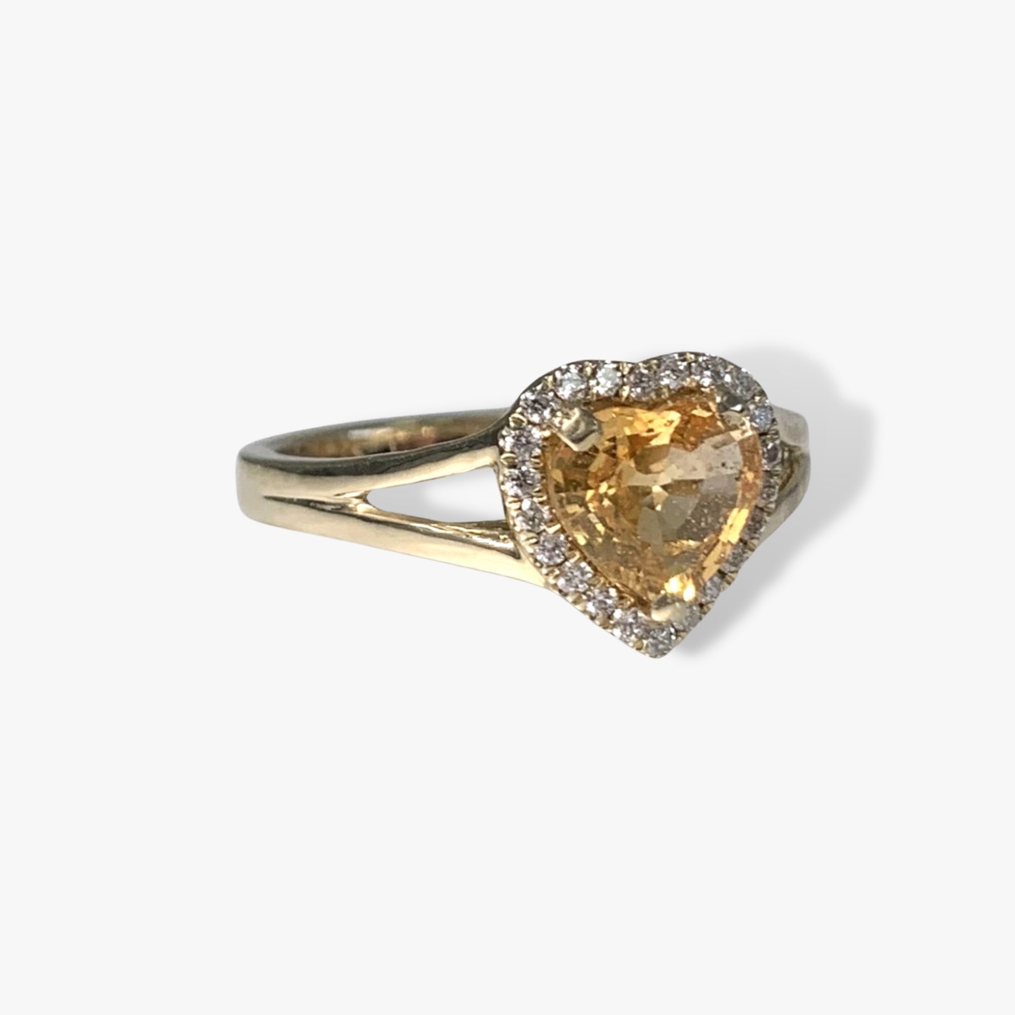 14k Yellow Gold Heart-Shaped Yellow Sapphire Diamond Halo Ring Side View