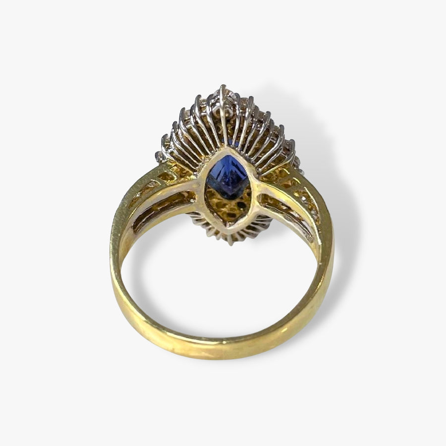 14k Yellow Gold Marquise Blue Sapphire Double Diamond Halo Vintage Ring Back View