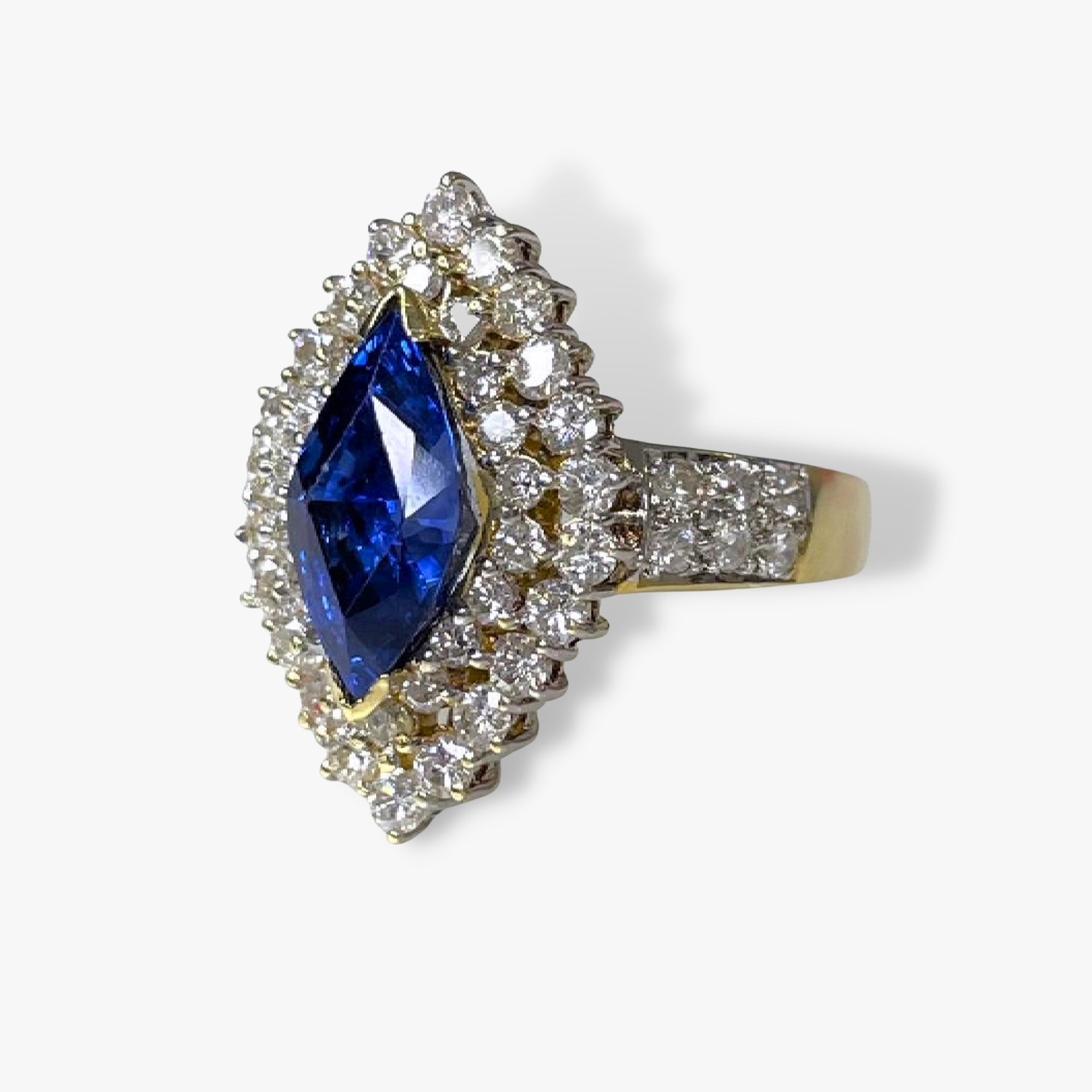 14k Yellow Gold Marquise Blue Sapphire Double Diamond Halo Vintage Ring Side View