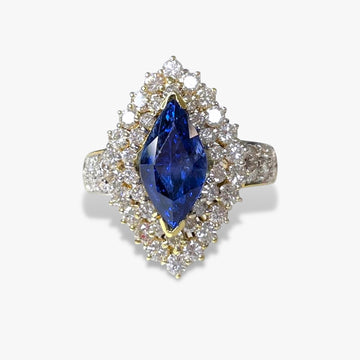 14k Yellow Gold Marquise Blue Sapphire Double Diamond Halo Vintage Ring