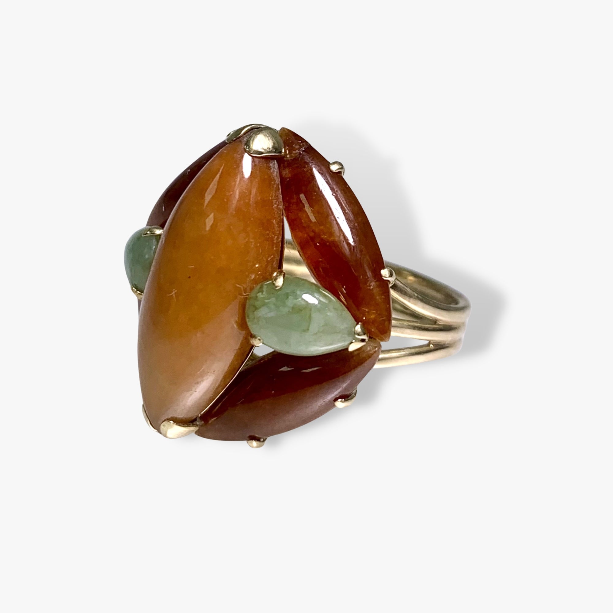 14k Yellow Gold Marquise and Pear Cut Multicolor Jade Vintage Ring Side View