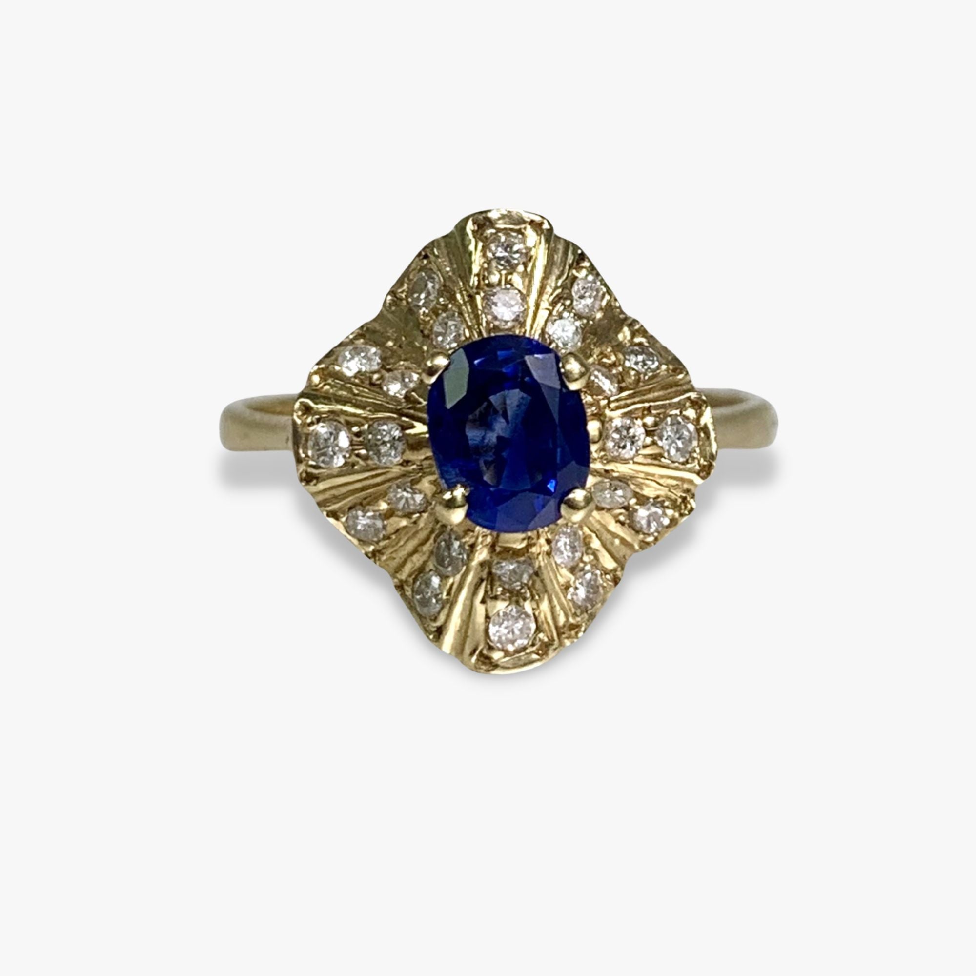 14k Yellow Gold Oval Cut Blue Sapphire Diamond Vintage Ring