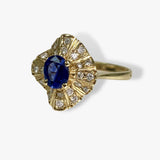 14k Yellow Gold Oval Cut Blue Sapphire Diamond Vintage Ring Side View