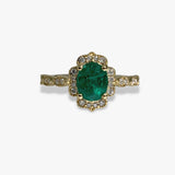 14k Yellow Gold Oval Cut Emerald and Diamond Ring
