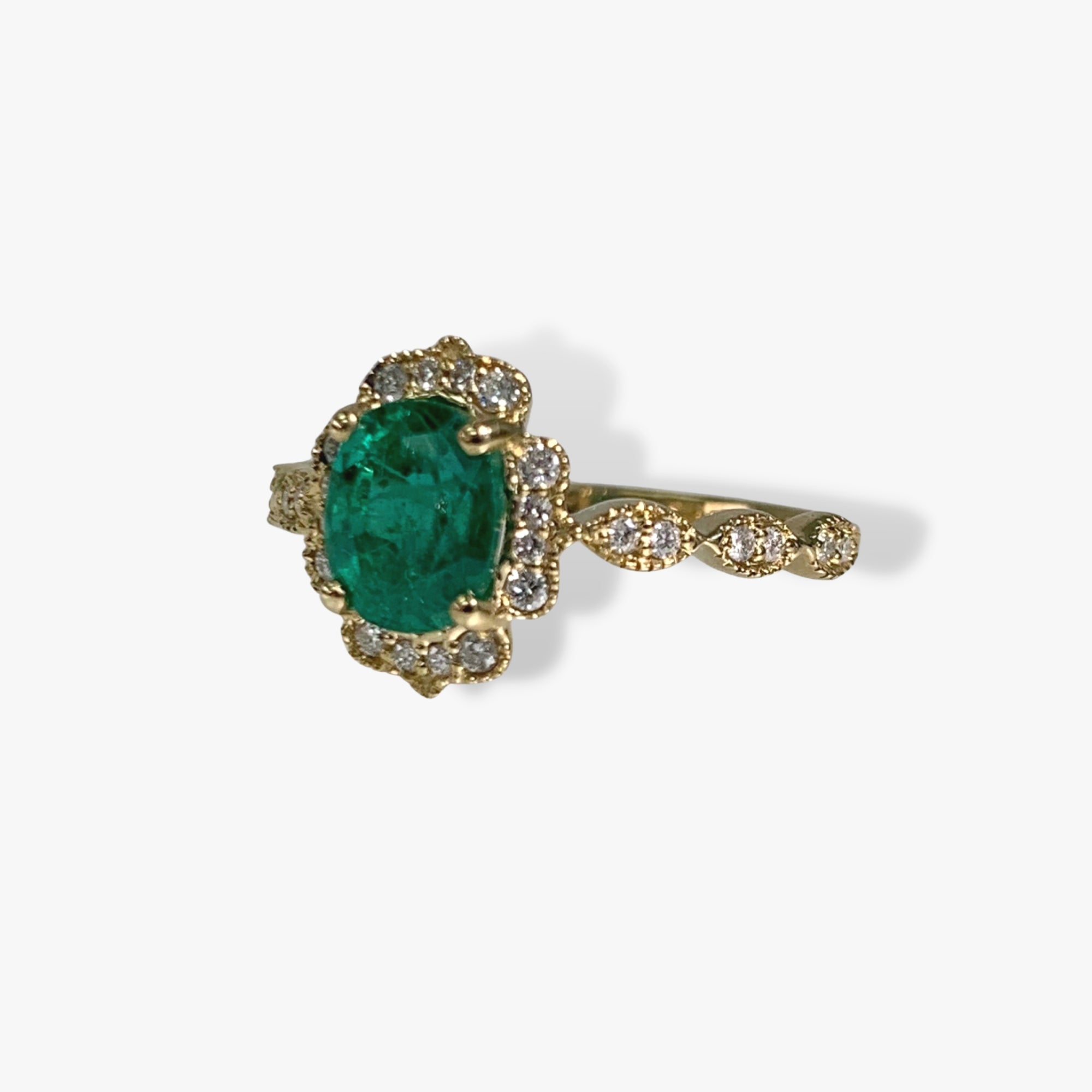 14k Yellow Gold Oval Cut Emerald and Diamond Ring Side View