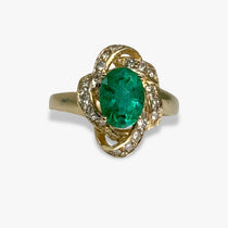 14k Yellow Gold Oval Cut Emerald and Diamond Vintage Ring