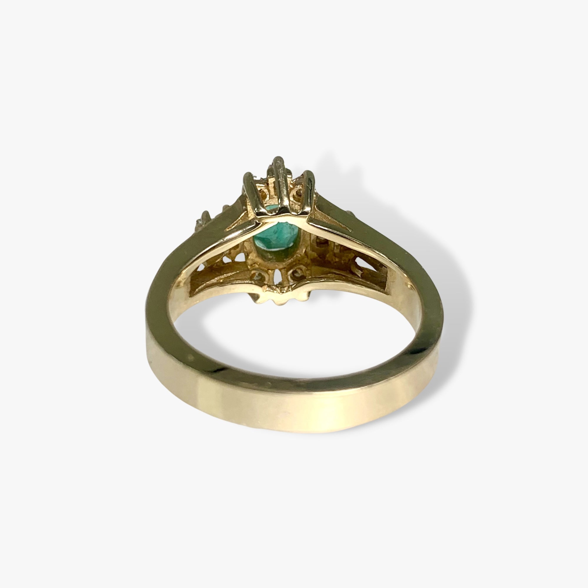 14k Yellow Gold Oval Cut Emerald and Diamond Vintage Ring Back View