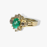 14k Yellow Gold Oval Cut Emerald and Diamond Vintage Ring Side View