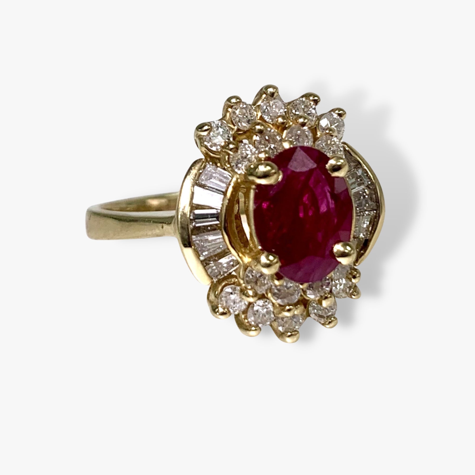 14k Yellow Gold Oval Cut Ruby and Diamond Vintage Ring Side View