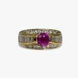 14k Yellow Gold Oval Cut Ruby and Diamond Wide Band Vintage Ring