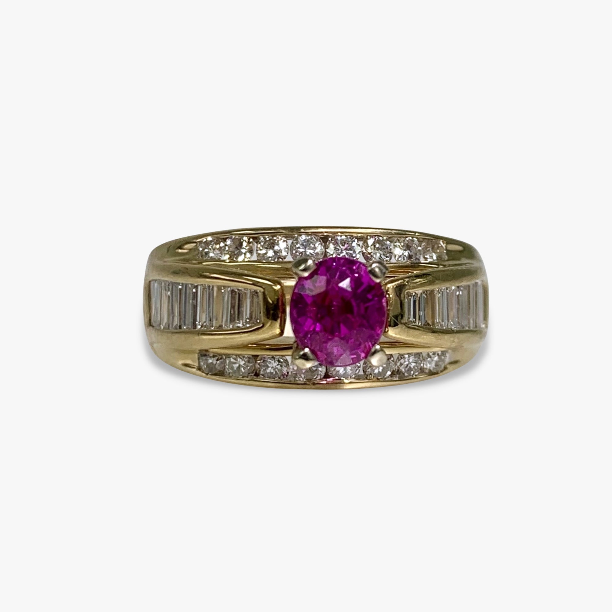 14k Yellow Gold Oval Cut Ruby and Diamond Wide Band Vintage Ring