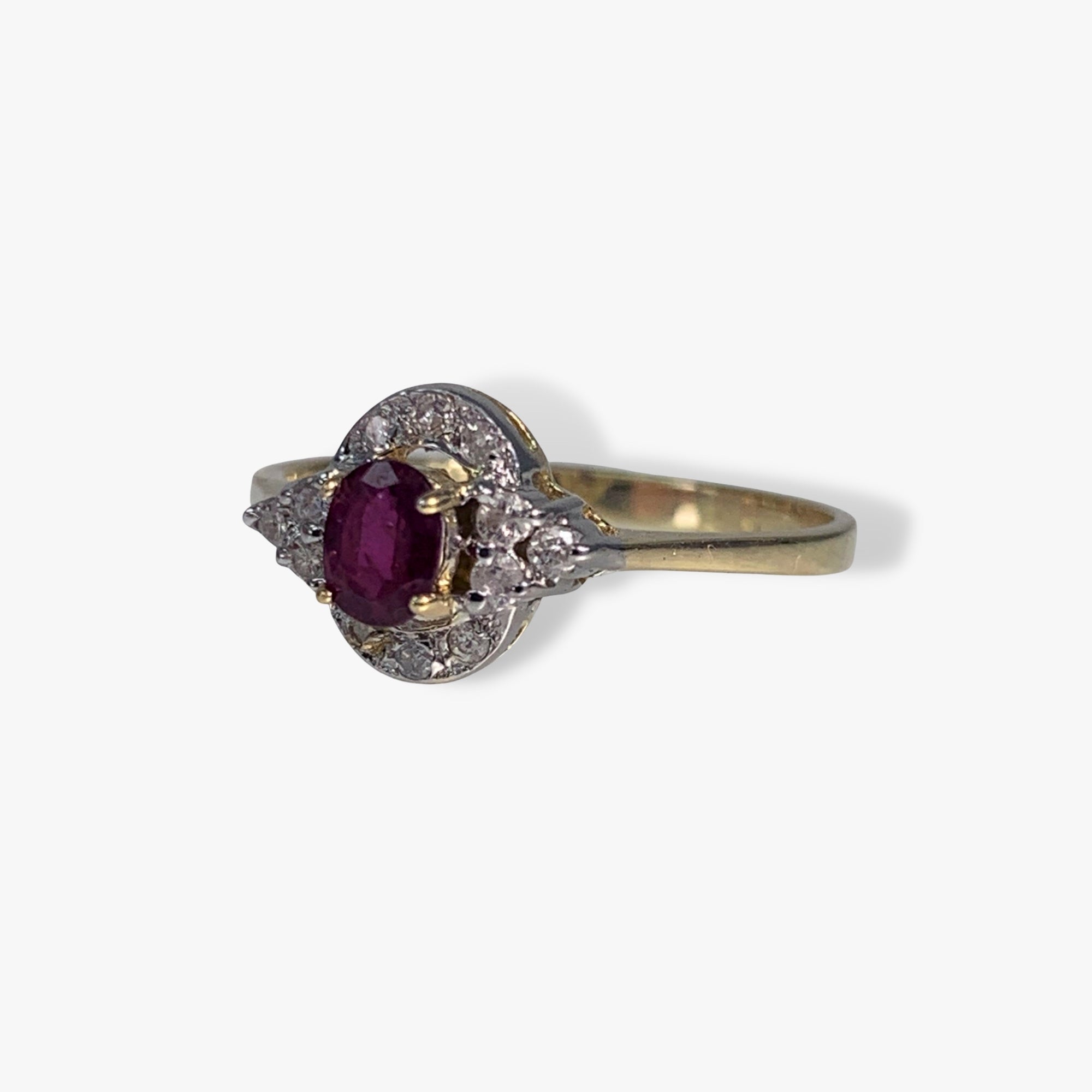 14k Yellow Gold Oval Ruby and Diamond Vintage Ring Side View