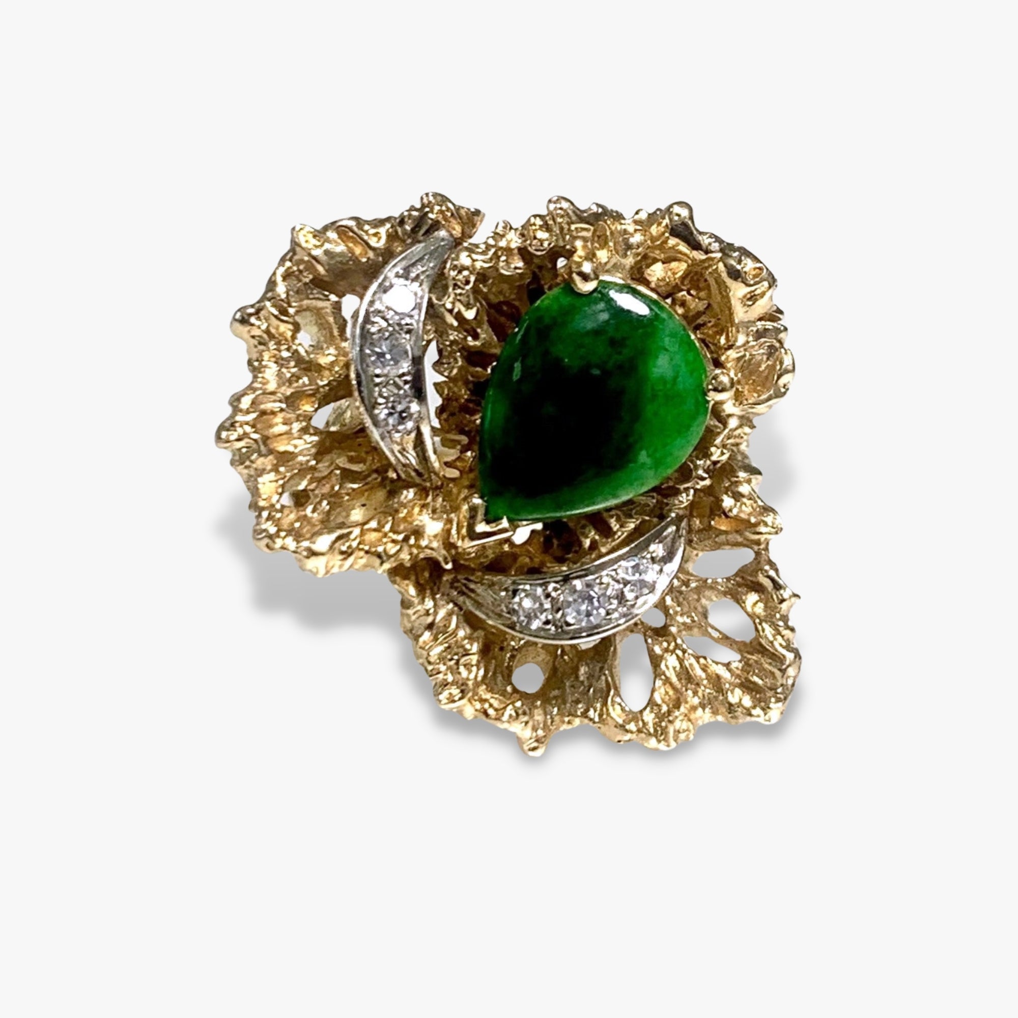 14k Yellow Gold Pear-Shaped Green Jadeite and Diamond Vintage Ring