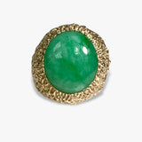 14k Yellow Textured Gold Cabochon Cut Jade Vintage Cocktail Ring