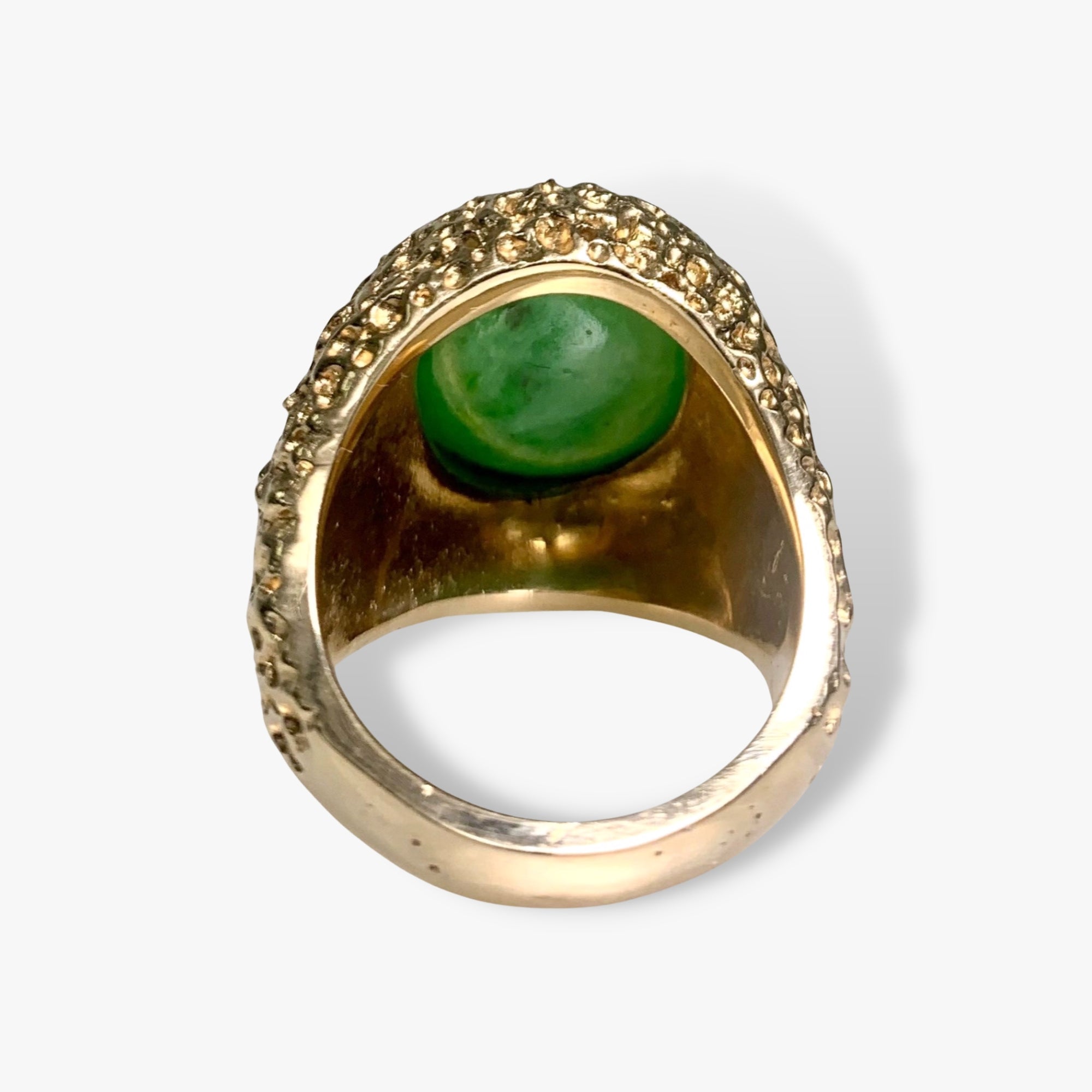 14k Yellow Textured Gold Cabochon Cut Jade Vintage Cocktail Ring Back View