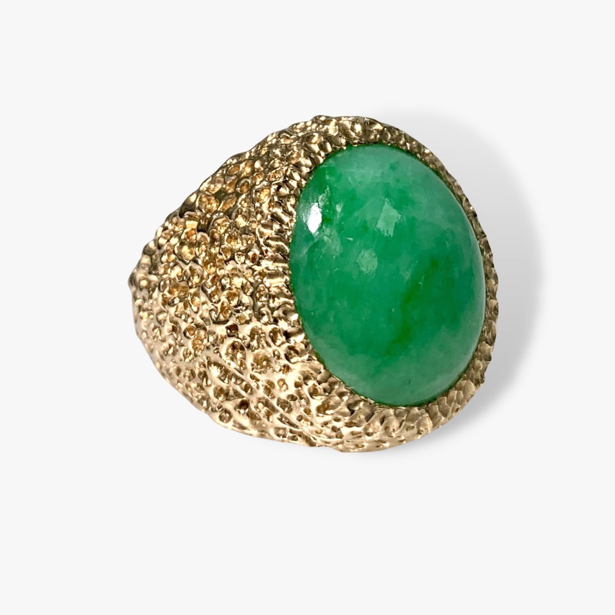 14k Yellow Textured Gold Cabochon Cut Jade Vintage Cocktail Ring Side View