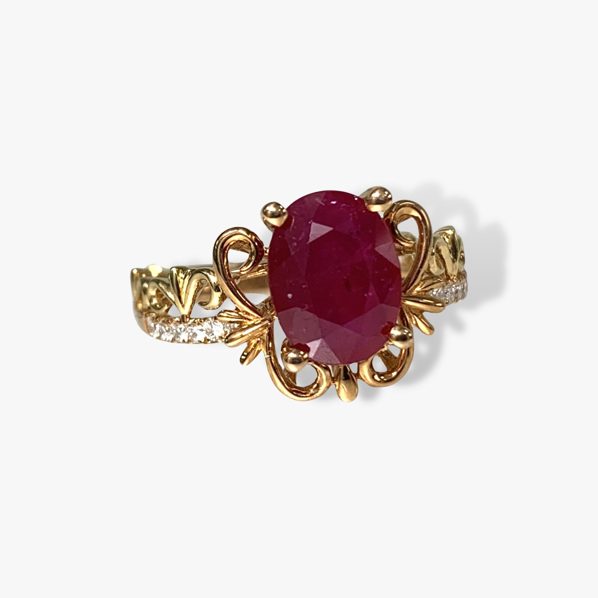 18k Rose Gold Oval Cut Ruby and Diamond Ring Side View