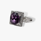 18k White Gold Cushion Cut Purple Sapphire and Diamond Ring Side View