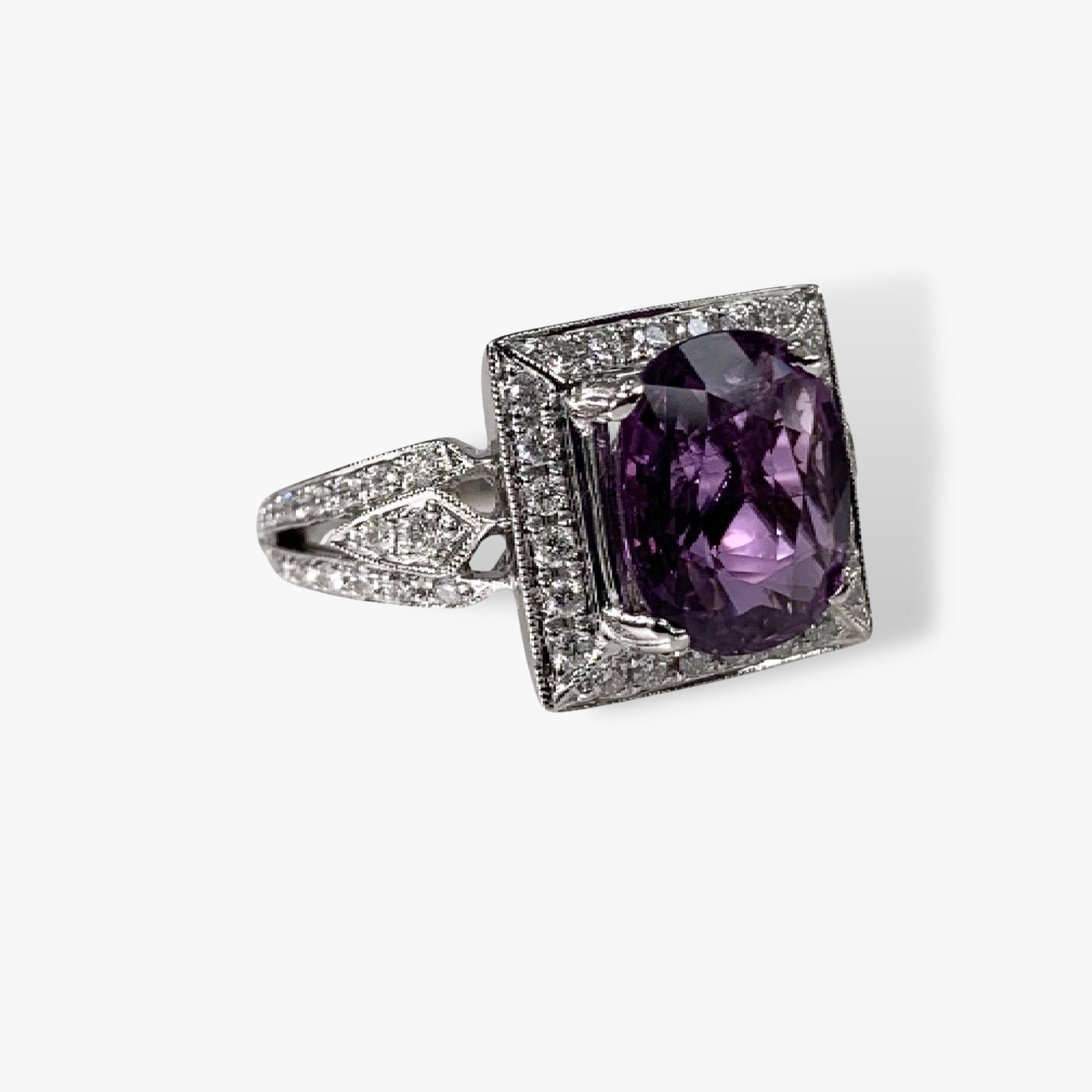 18k White Gold Cushion Cut Purple Sapphire and Diamond Ring Side View