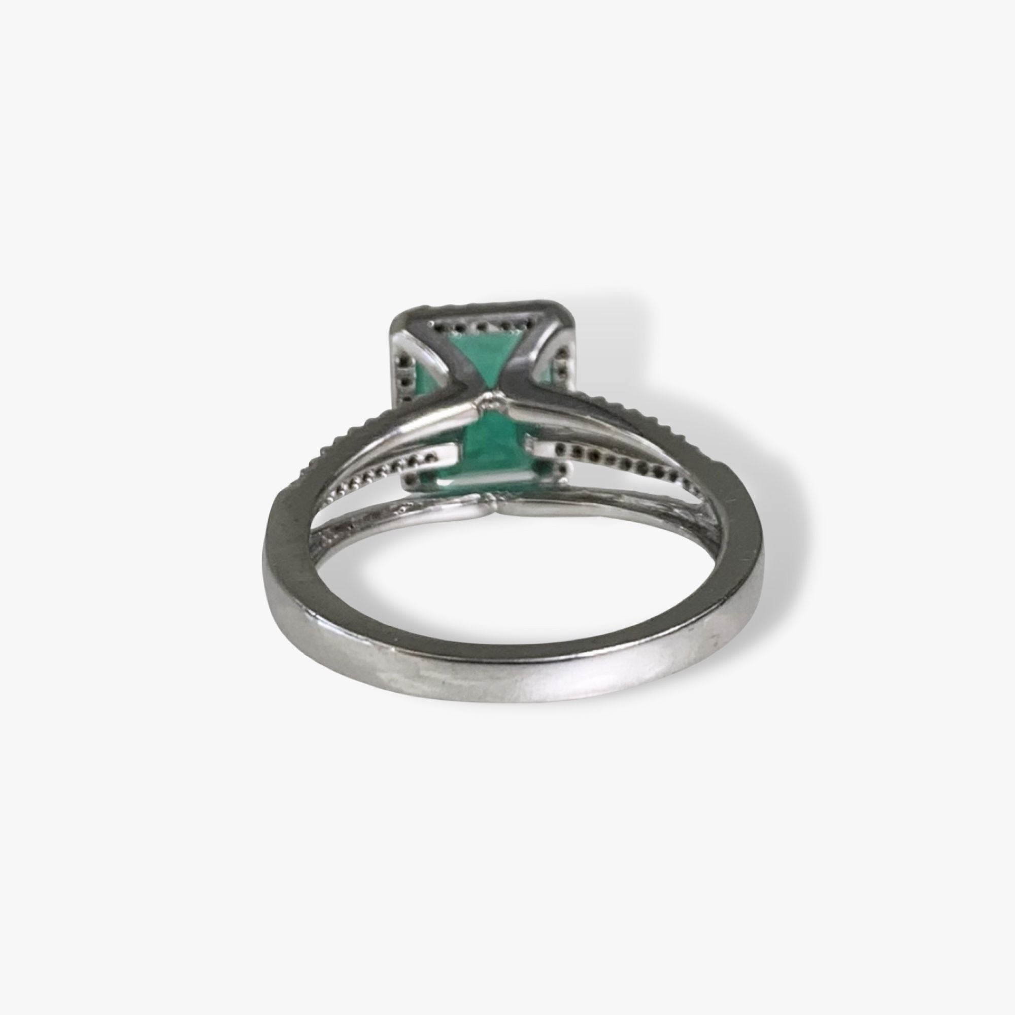18k White Gold Emerald Cut Emerald Diamond Halo Triple Split Shank Ring Back View