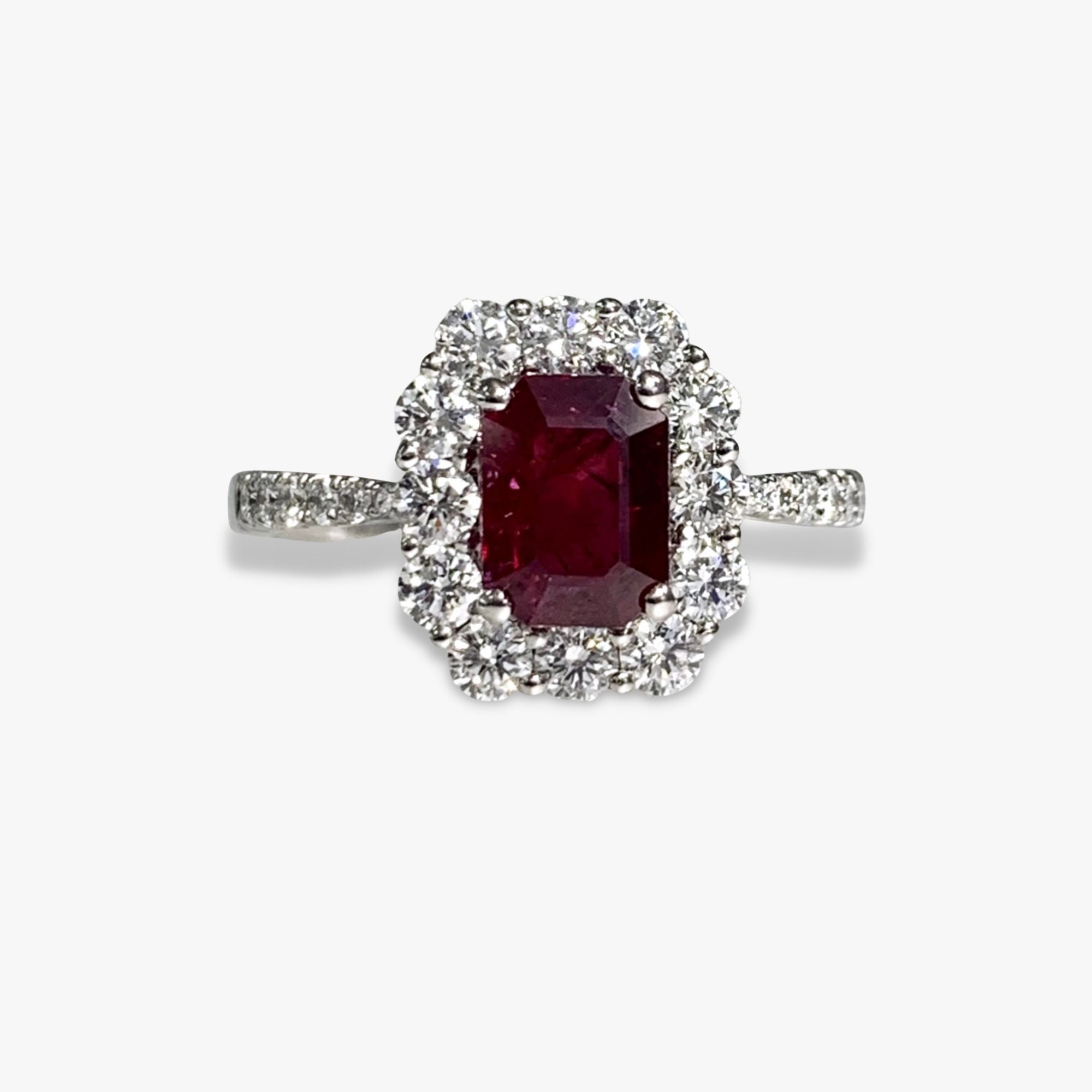 18k White Gold Emerald Cut Ruby and Round Cut Diamond Cluster Ring