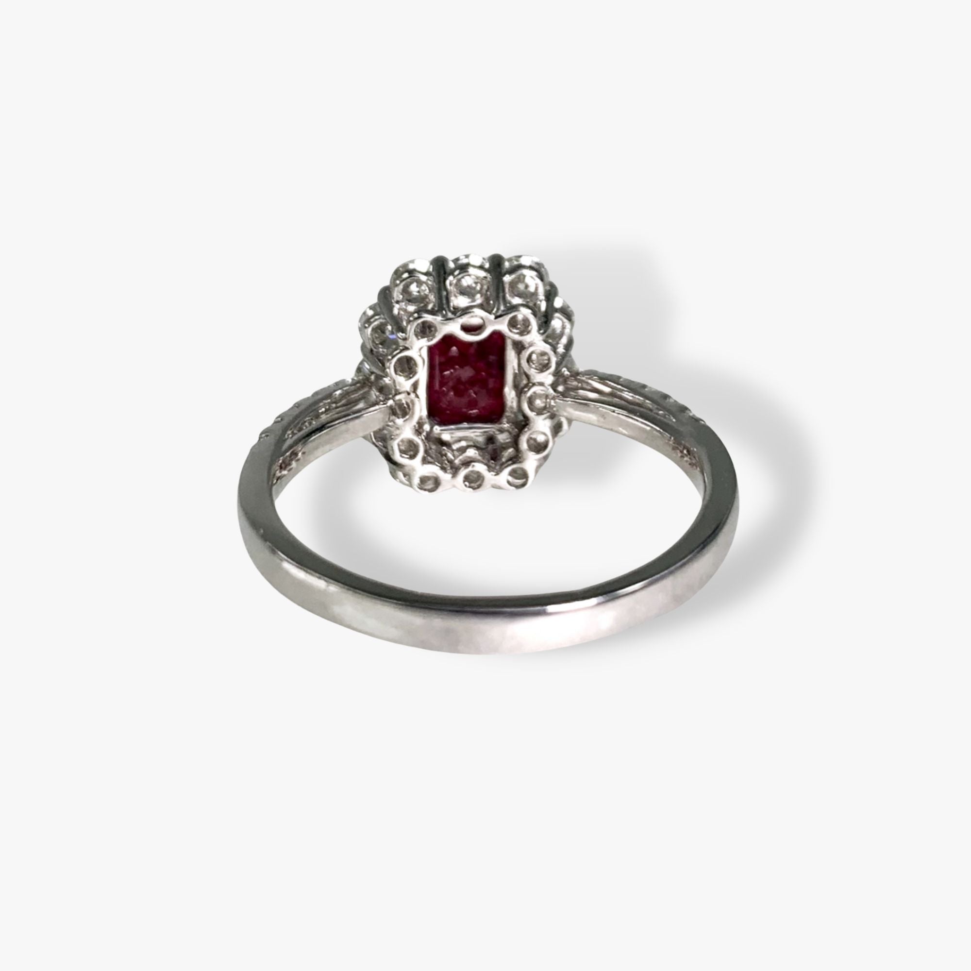18k White Gold Emerald Cut Ruby and Round Cut Diamond Cluster Ring Back View