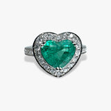 18k White Gold Heart-Shaped Emerald Diamond Halo Ring