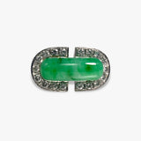 18k White Gold Oval-Shaped Green Jadeite and Diamond Vintage Ring