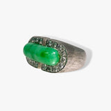 18k White Gold Oval-Shaped Green Jadeite and Diamond Vintage Ring Side View