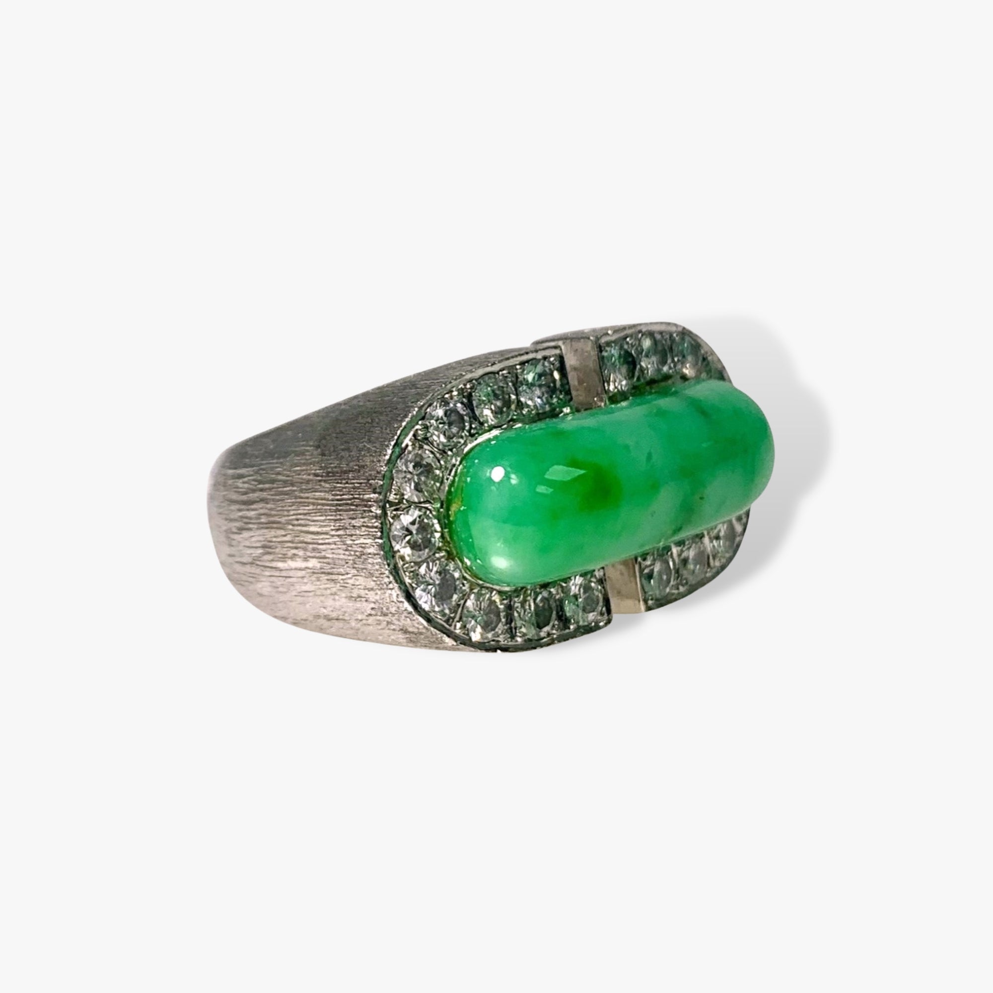 18k White Gold Oval-Shaped Green Jadeite and Diamond Vintage Ring Side View