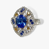 18k White Gold Oval Cut Blue and Yellow Sapphire Diamond Ring Side View