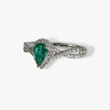 18k White Gold Pear-Shaped Emerald Diamond Halo Twisted Shank Ring Side View