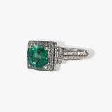 18k White Gold Square-Shaped Emerald Diamond Halo Ring Side View