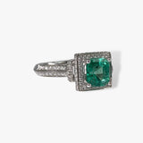 18k White Gold Square-Shaped Emerald Diamond Halo Ring Side View