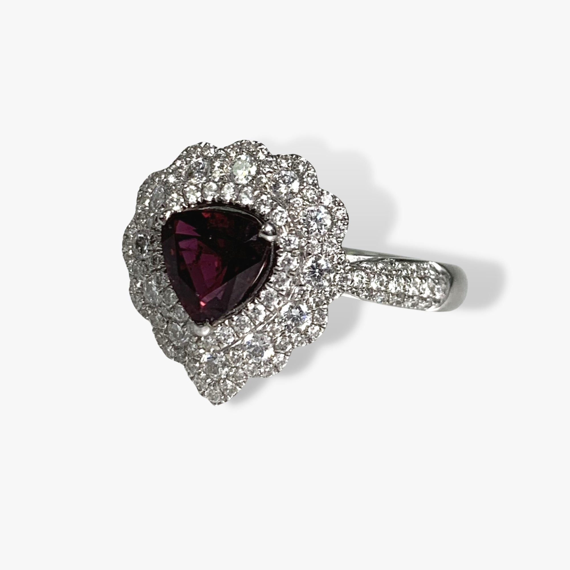 18k White Gold Trillion Cut Ruby Diamond Cluster Ring Side View