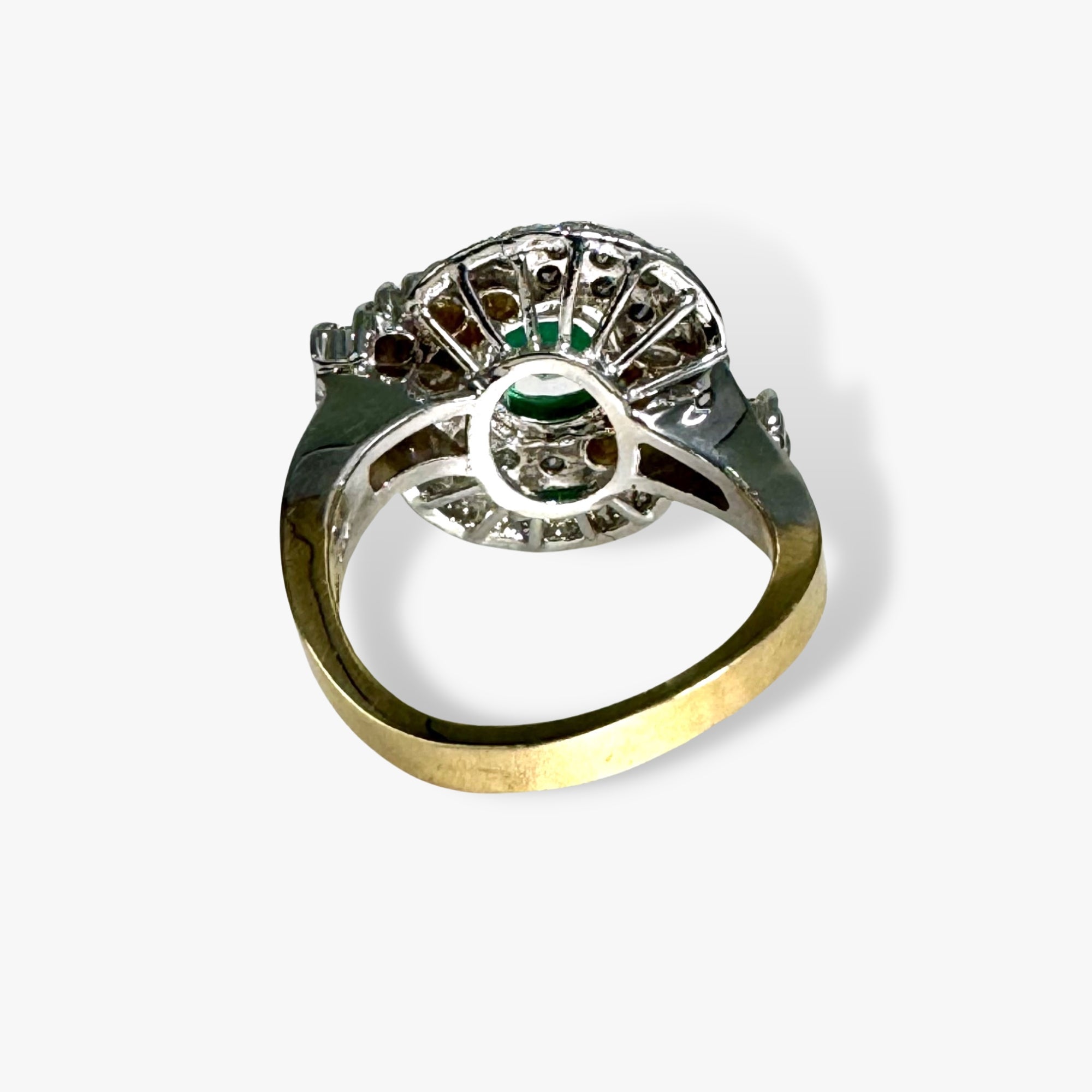 18k White and Yellow Gold Round Emerald and Diamond Vintage Ring Back View