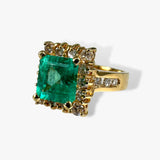 18k Yellow Gold Asscher Cut Emerald and Diamond Vintage Ring Side View