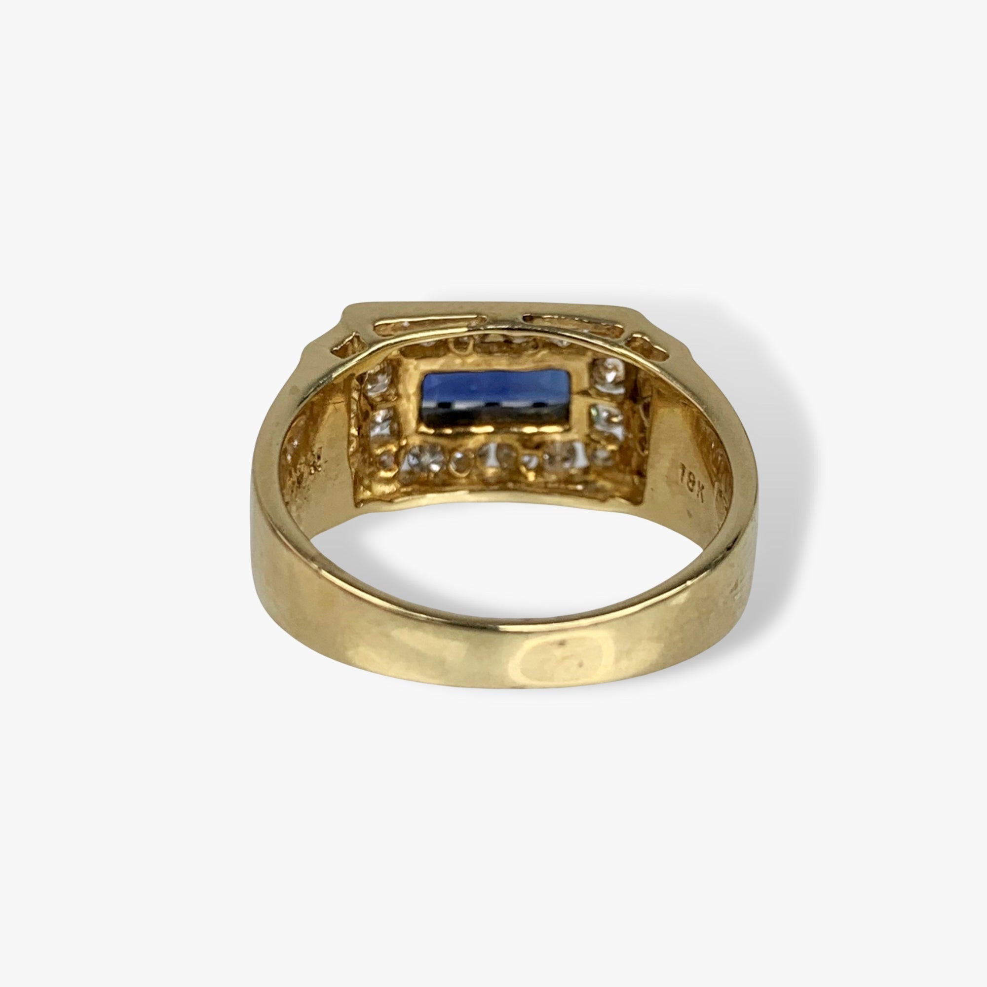 18k Yellow Gold Baguette Cut Blue Sapphire and Diamond Vintage Signet Ring Back View
