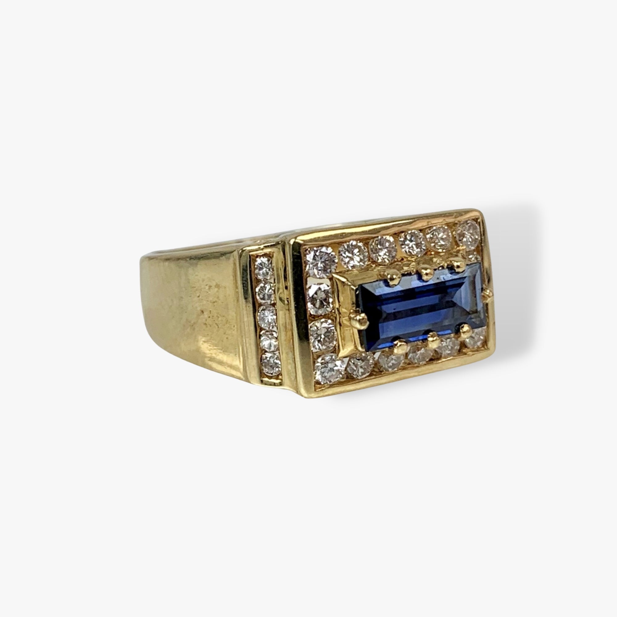 18k Yellow Gold Baguette Cut Blue Sapphire and Diamond Vintage Signet Ring Side View