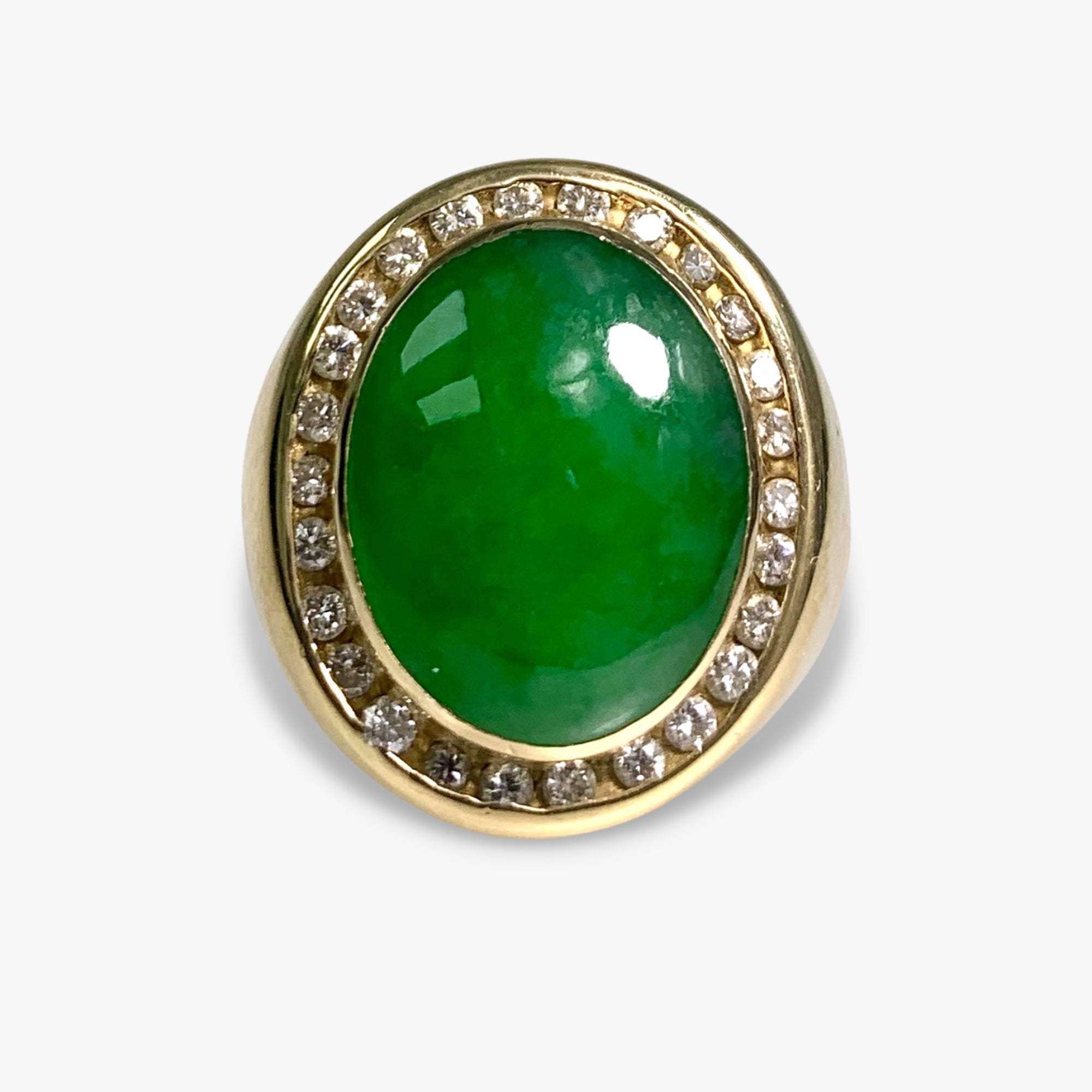 18k Yellow Gold Cabochon Cut Green Jade and Diamond Vintage Signet Ring
