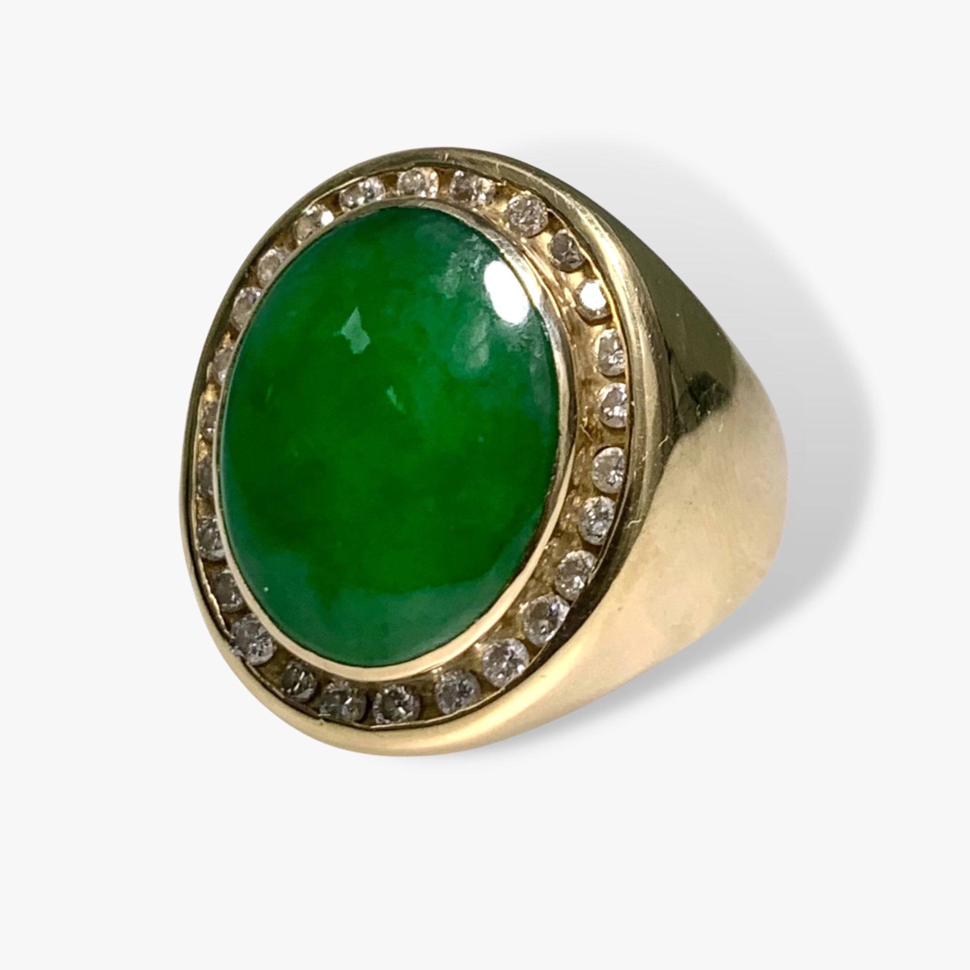 18k Yellow Gold Cabochon Cut Green Jade and Diamond Vintage Signet Ring Side View