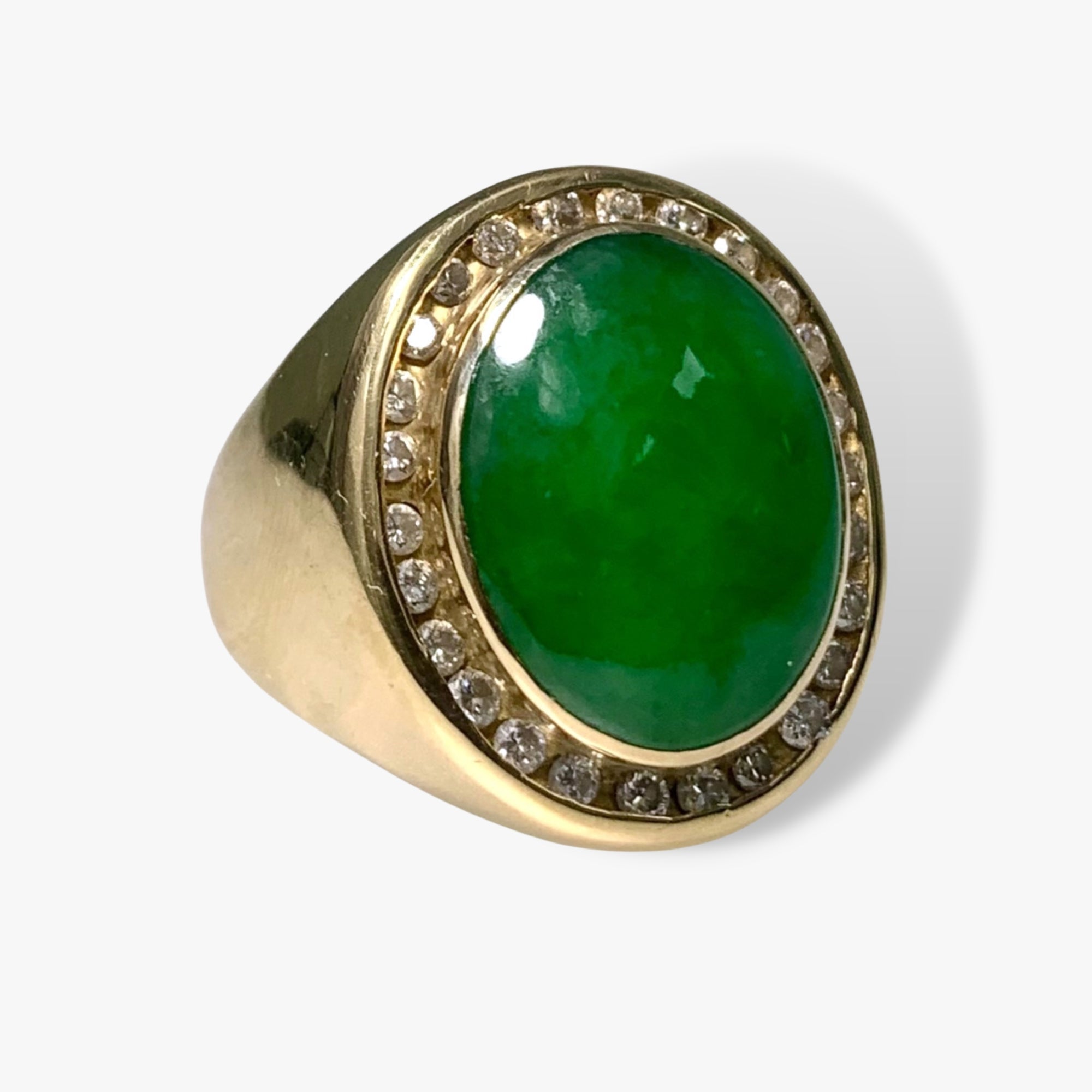 18k Yellow Gold Cabochon Cut Green Jade and Diamond Vintage Signet Ring Side View