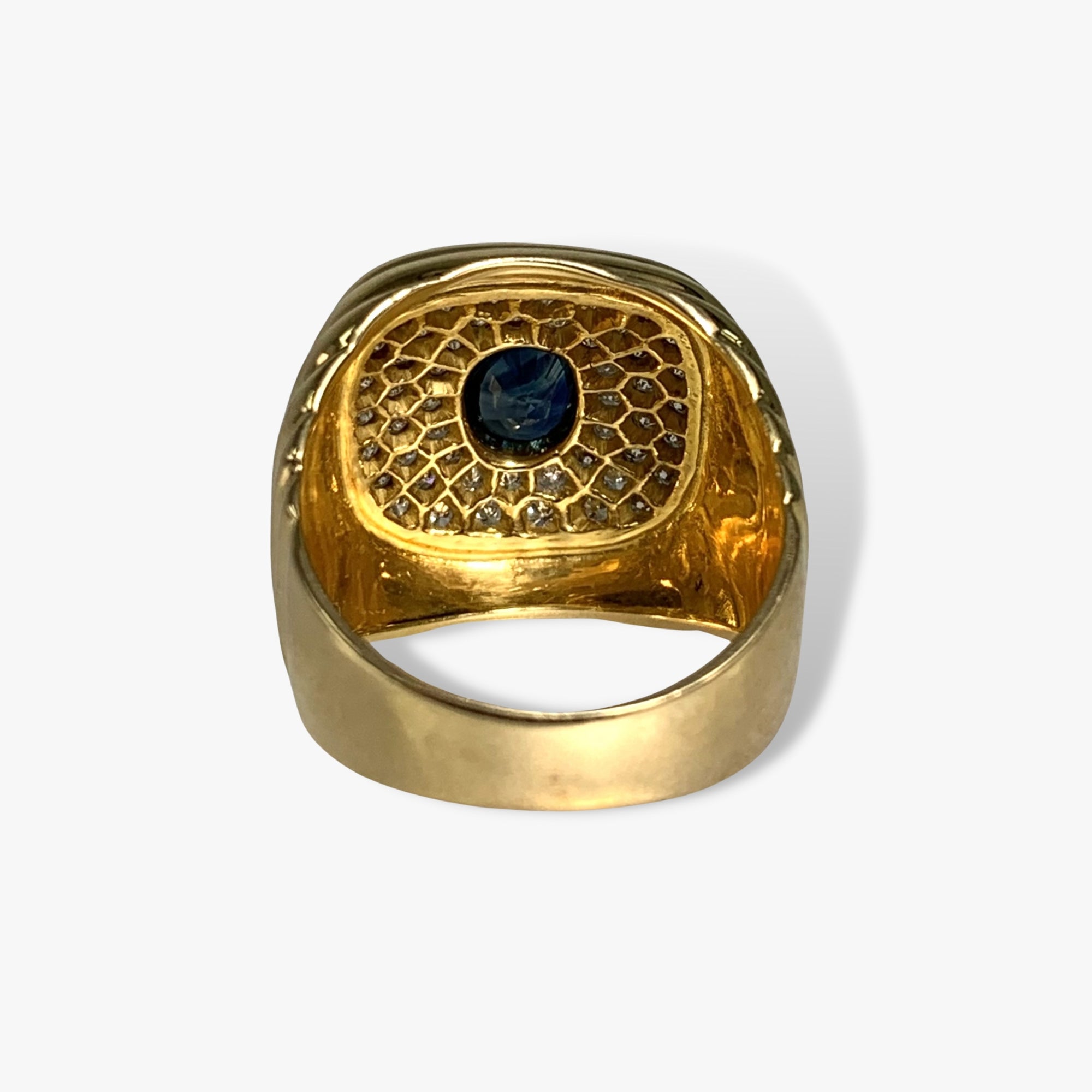 18k Yellow Gold Oval Cut Blue Sapphire and Diamond Vintage Cocktail Ring Back View