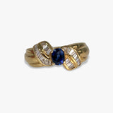 18k Yellow Gold Oval Cut Blue Sapphire and Diamond Vintage Ring